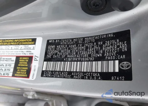 2015 Toyota Camry Xle z USA, uszkodzony, nr VIN 4T1BF1FK1FU936793